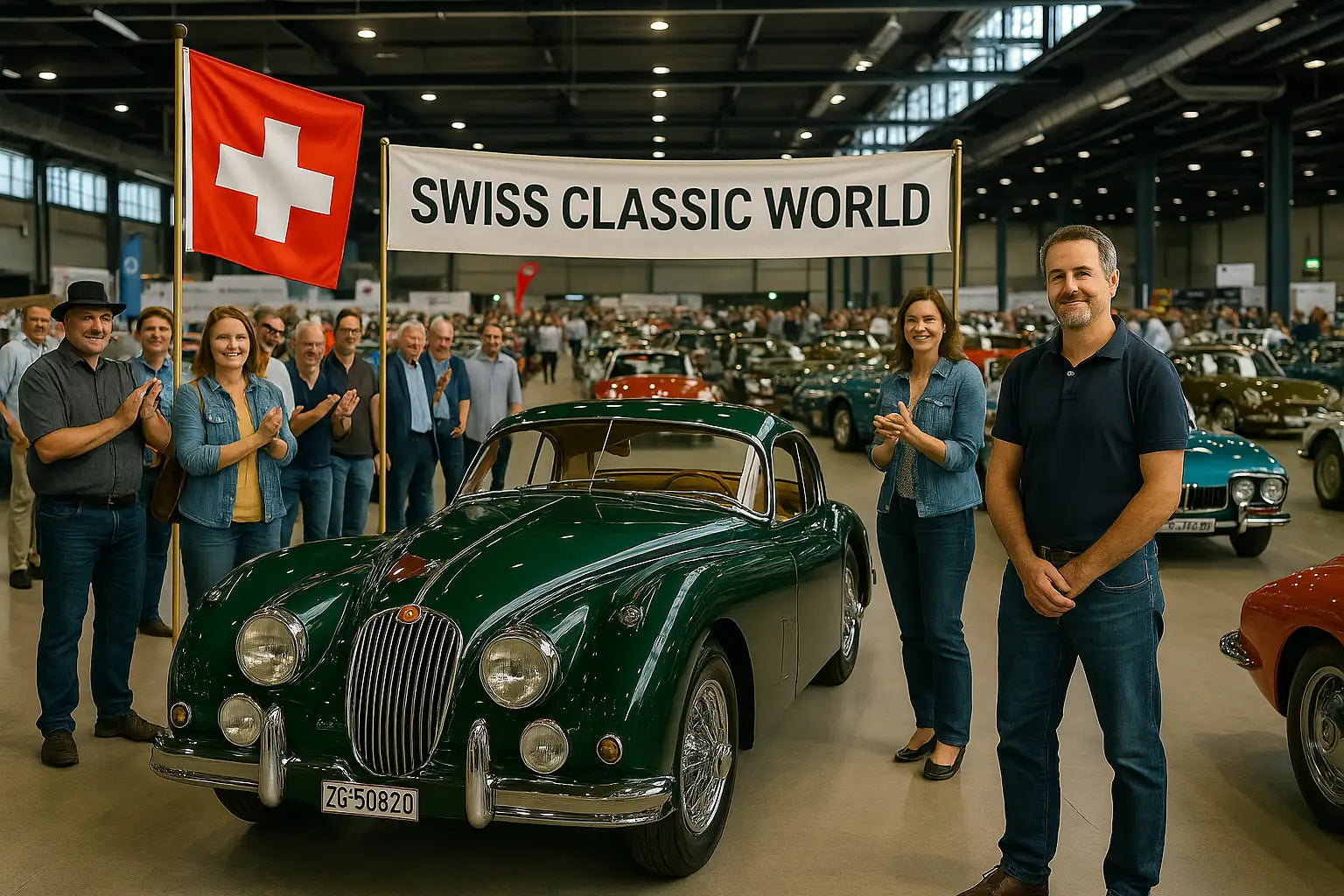 Mehrere Personen bewundern detailreich restaurierte Oldtimer in einer Schweizer Messehalle.