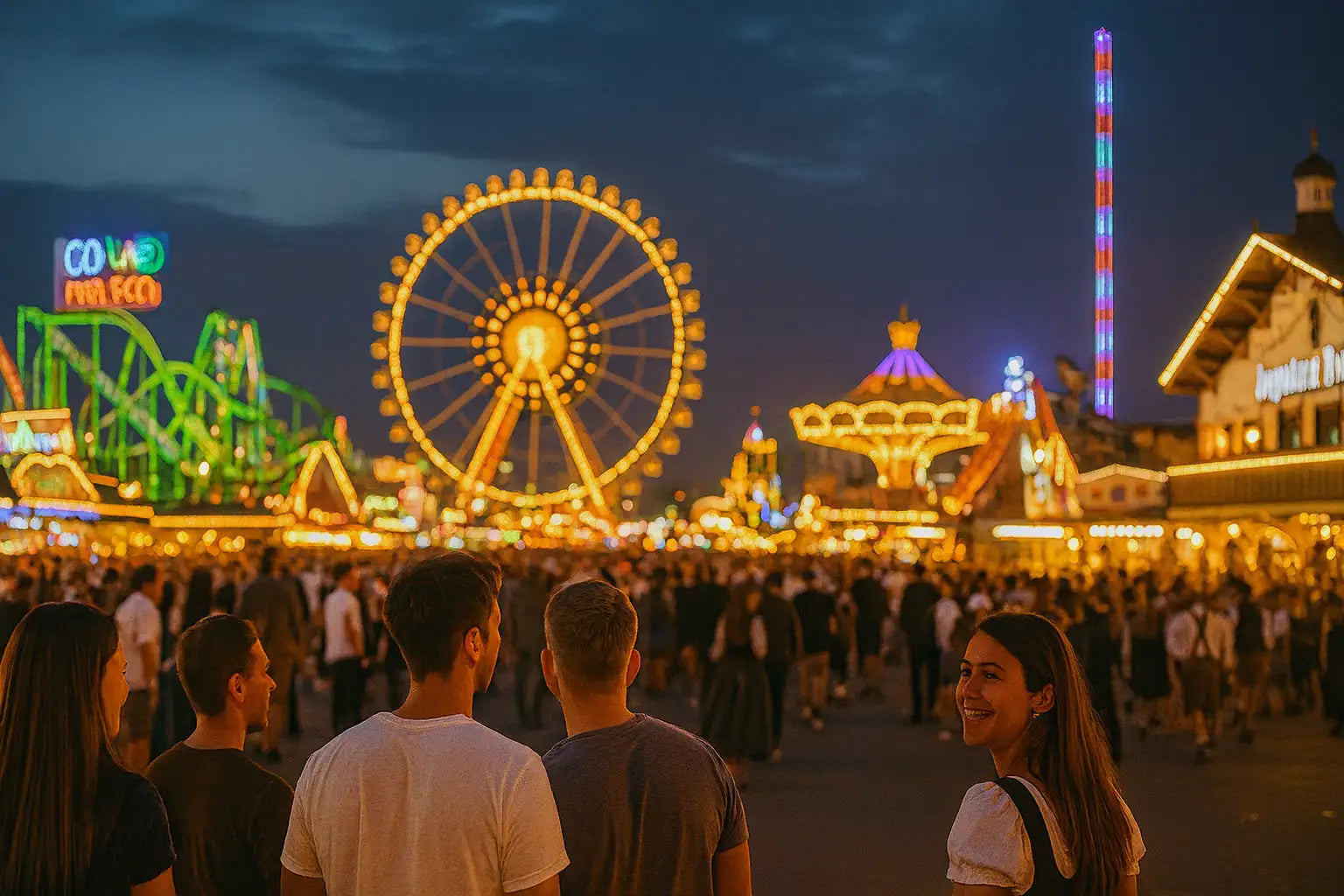Besucher genießen das Oktoberfest bei Nacht, mit beleuchtetem Riesenrad, Achterbahn und Karussell
