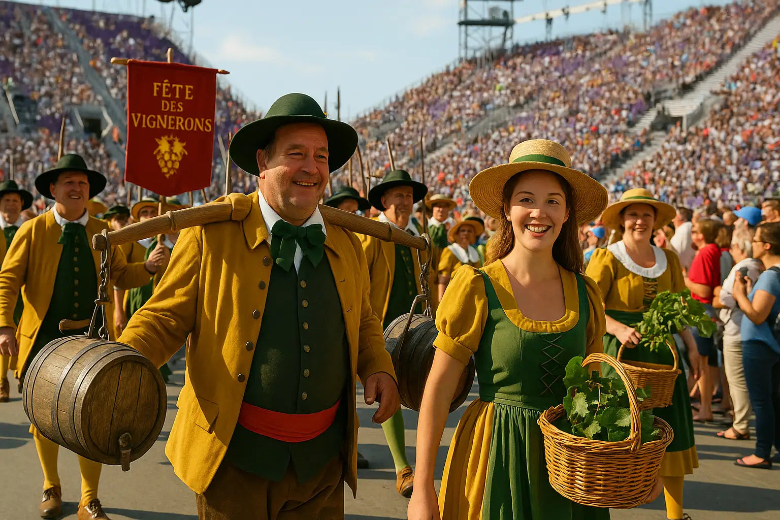 Sänger und Tänzer in farbenfrohen Gewändern begeistern das Publikum in der Arena.