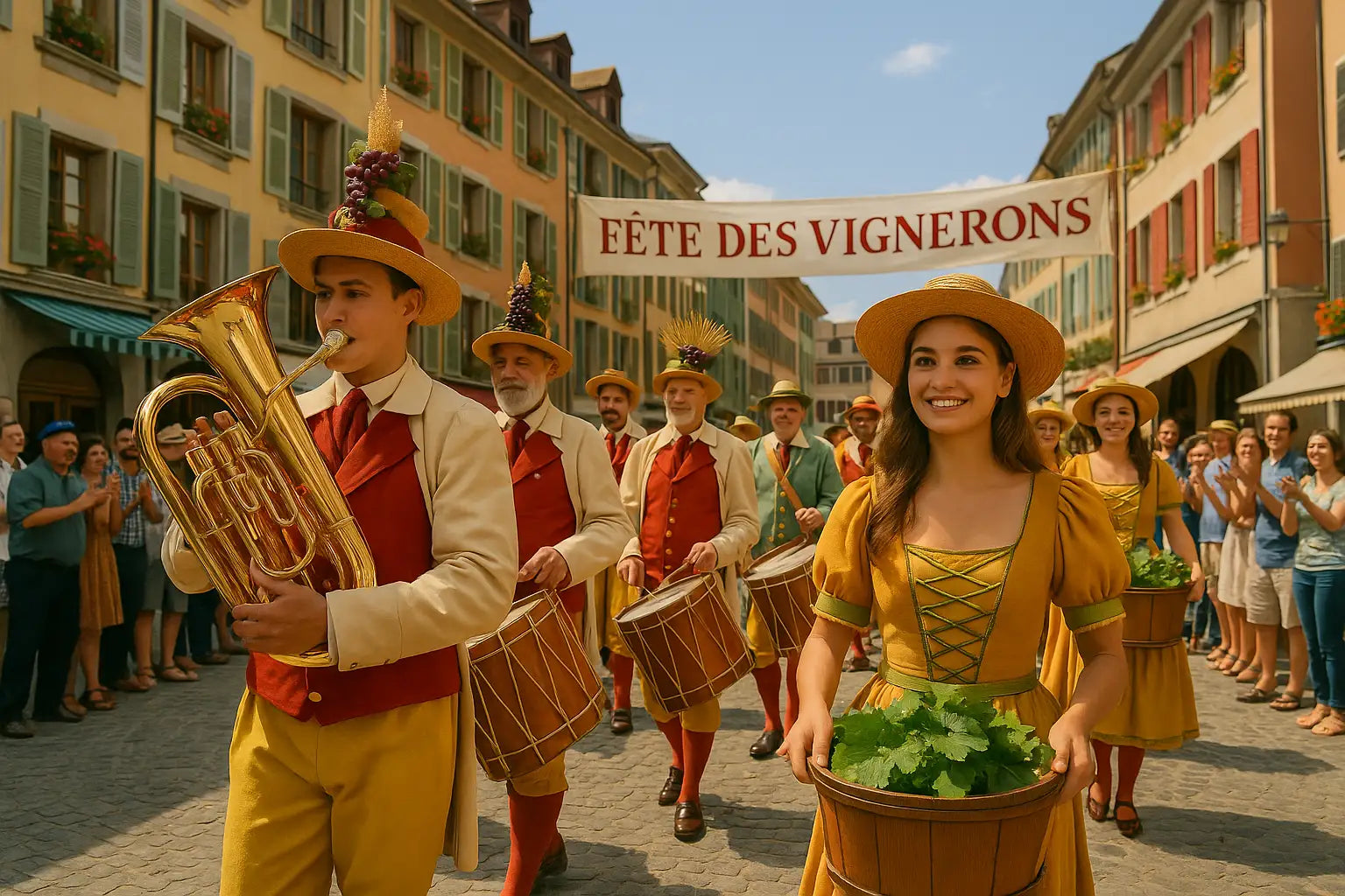 Winzer und Musiker ziehen mit Fahnen und Trachten durch die Altstadtstraßen.