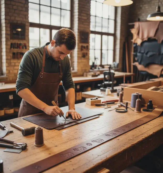 Handwerker graviert Leder in der Edelvetica Werkstatt in der Schweiz, traditionelle Fertigung eines Appenzeller Gürtels