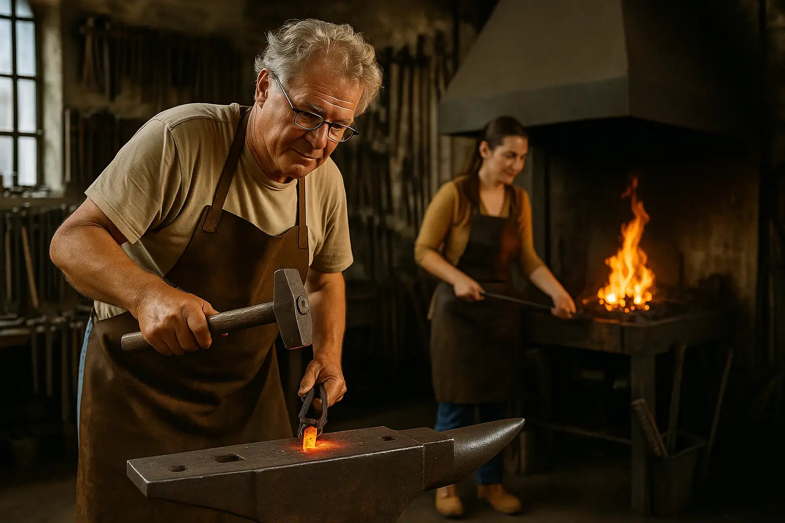 Schweizer Schmied bearbeitet glühendes Metall auf dem Amboss, während im Hintergrund eine Frau am Feuer arbeitet – traditionelles Schmiedehandwerk