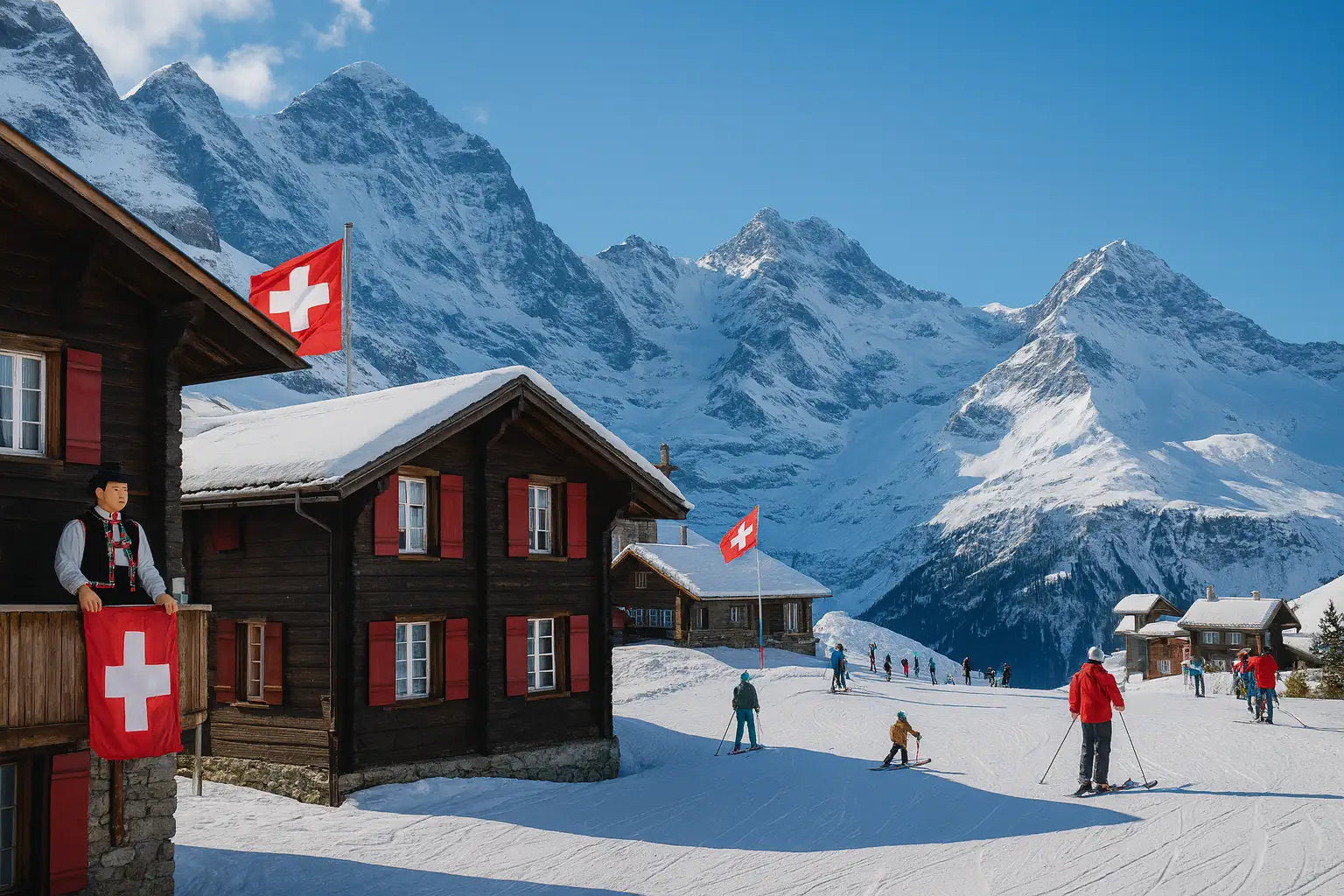 Man sieht viele Ski Fahrer in den Schweizer Alpen
