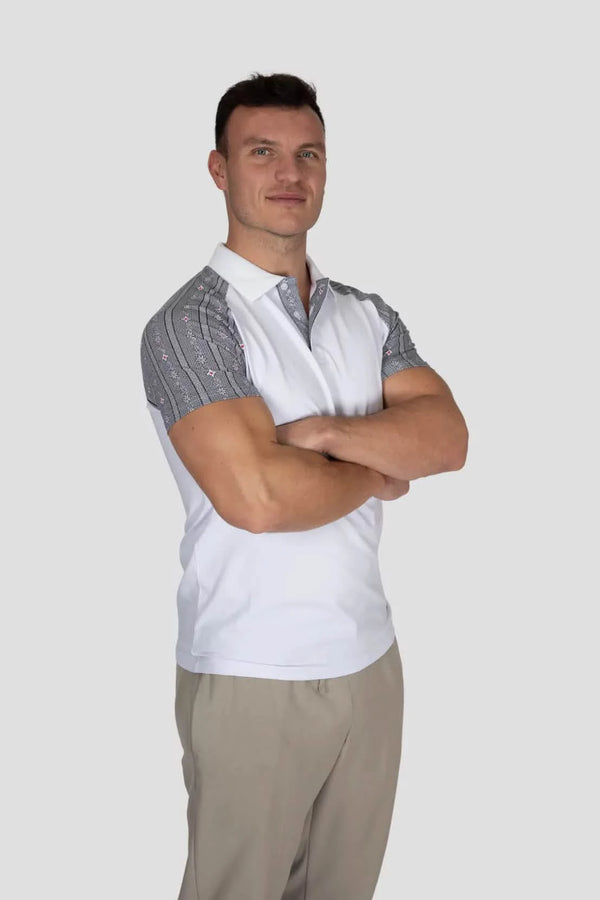 Herren Polo-Shirt Edelweiss Twist – Elegantes Poloshirt mit dezenten Edelweiss-Akzenten am Kragen und den Ärmelabschlüssen. Hochwertige Baumwollmischung, sportlich-eleganter Schnitt, ideal für Alltag, Freizeit und besondere Anlässe. Schweizer Design von Edelvetica.