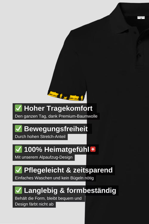 Herren Polo-Shirt 'Alpaufzug' von Edelvetica, das traditionelle Schweizer Motive mit modernem Poloshirt-Design kombiniert. Das Shirt zeigt eine detailreiche Darstellung des Alpaufzugs, einem kulturell bedeutsamen Ereignis in der Schweiz. Es ist ideal für einen lässigen, doch kulturell inspirierten Look, der sowohl Alltagstauglichkeit als auch ein einzigartiges Designelement bietet.
