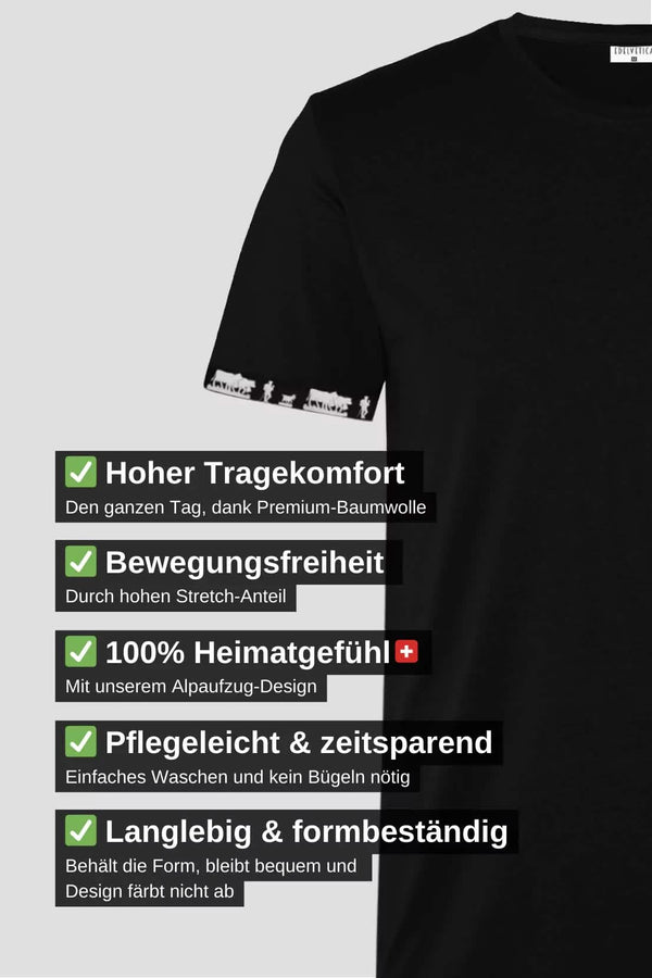 Herren Shirt 'Alpaufzug' von Edelvetica, das traditionelle Schweizer Kultur mit modernem Design verbindet. Das Shirt zeigt eine Darstellung des Alpaufzugs, einem traditionellen Schweizer Ereignis, das den Beginn des Alpsommers markiert. Es kombiniert Komfort und Stil, ideal für alltägliche oder besondere Anlässe.