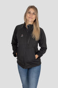 Softshell Jacke Edelweiss Damen von Edelvetica, schwarze Outdoor-Jacke mit grauem Edelweiss-Muster, wasserdicht, winddicht und stilvoll, ideal für Freizeit und Outdoor.